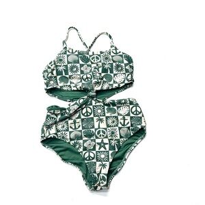 O'Neill Knot Cutout Moss Green and White Kids One Piece Swimsuit Girls